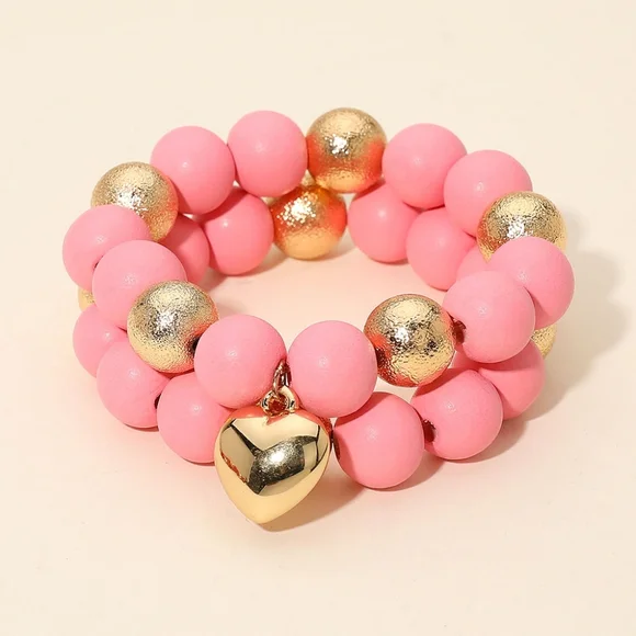 2PC - Chunky Heart Charm Wooden Metal Ball Beaded Stretch Multi Layered Bracelet - Picture 1 of 6